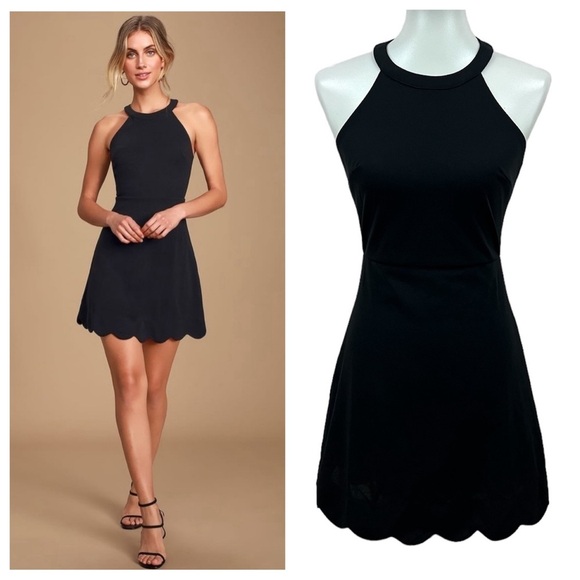 Lulu's Scallop Hem Little Black High Neck Halter Skater Mamacita Cocktail Dress - Picture 1 of 15